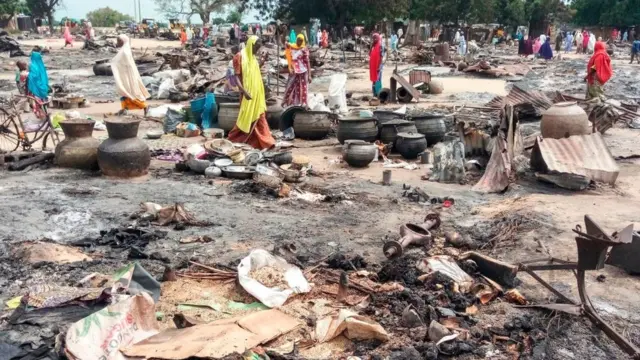 Les restes du marché d'Amarwa mis à feu par Boko Haram en septembre 2018 dans l'Etat de Borno.