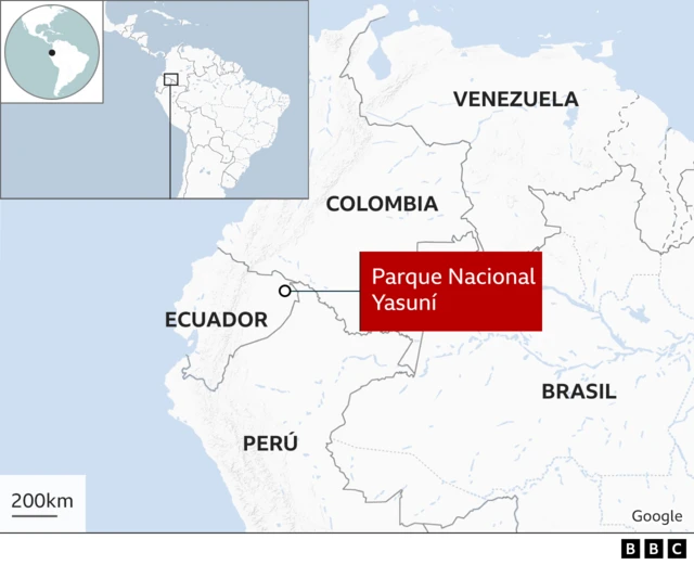 Mapa de Suramérica en el que se marca la ubicación del Parque Nacional Yasuní, en Ecuador