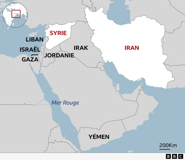 Une carte montrant l'emplacement de la Syrie par rapport à l'Iran