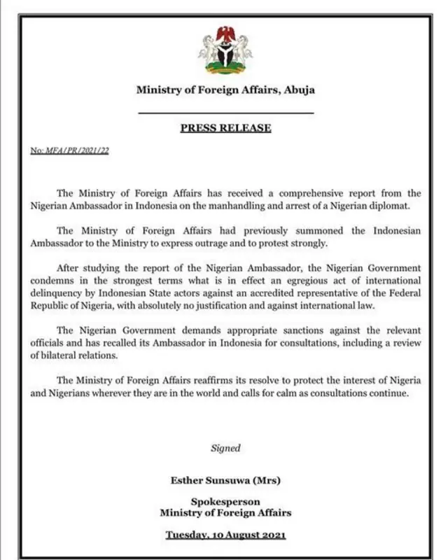 atẹjade ti ileeṣẹ ọrọ ilẹ Okeere ni Naijiria fi sita