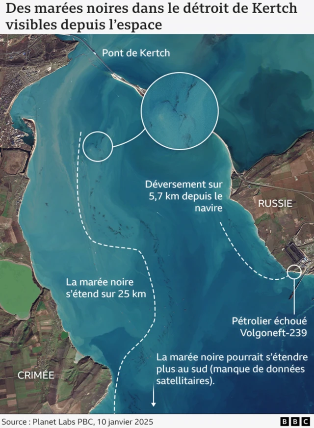 Infographie de la BBC intitulée "Marées noires dans le détroit de Kertch visibles depuis l'espace". Veuillez traduire tous les mots ici pour les personnes malvoyantes.