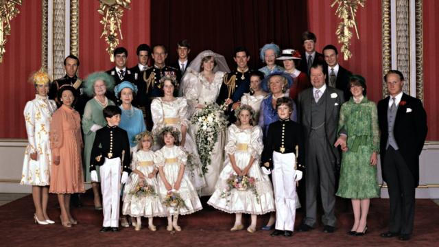 The Royal Wedding Group at the wedding of Prince Charles and Lady Diana Spencer in the Throne Room at Buckingham Palace.