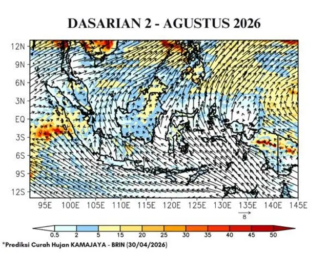 Prediksi curah hujan dan Angin pada dasarian 2 Agustus (11–20 Agustus 2026) menunjukkan hujan minim merata di sebagian besar Indonesia (kekeringan meluas).