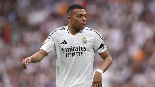 Kylian Mbappe of Real Madrid dey look during di LaLiga match between Real Madrid CF and Real Sociedad at Estadio Santiago Bernabeu on May 24, 2025 in Madrid, Spain.