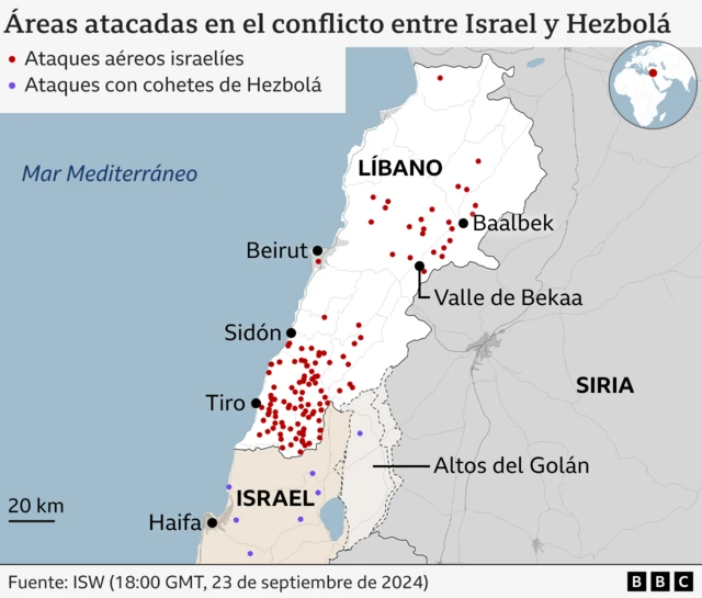 Mapa que muestra las zonas atacadas en el conflicto entre Israel y Hezbolá. 