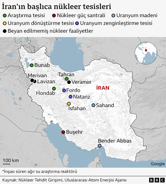 İsrail'in nükleer tesislerini gösteren harita.