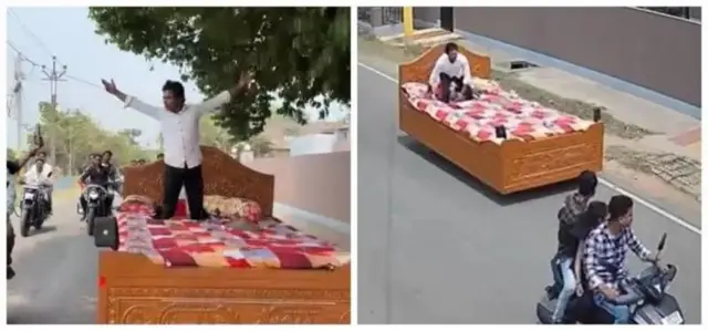 سڑک پر دوڑتے اس بیڈ کار کو دیکھنے کے لیے ایک بھیڑ امڈ پڑی