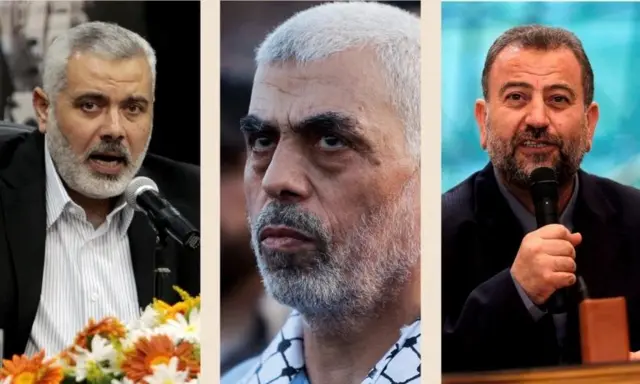 اسماعیل هنیه (چپ)، یحیی سنوار (وسط)، صالح العاروری (راست)