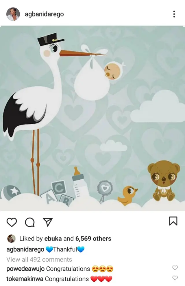 Agbani Darego Instagram post announcing birth of baby