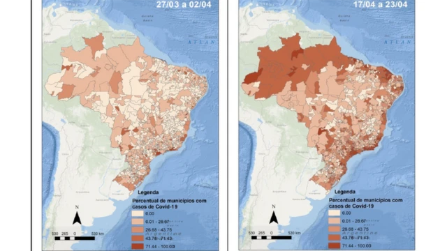 Dois mapas do Brasil com distribuiçãocasa de apostas influencerscasos pelo país,casa de apostas influencersdois períodos diferentes (27/03-02/04 e 17/04-23/04)