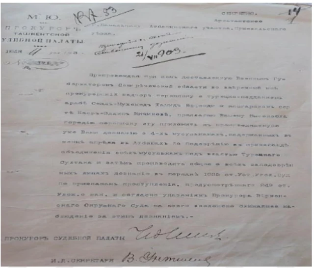 1903-жылы Ат-Башыга келип, панисламизм идеясын жайгандыгы үчүн кармалган осмон жараны Хамид Эфендинин соттолгону тууралуу чечим