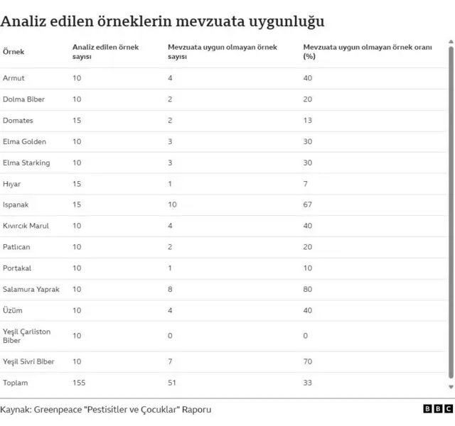Greenpeace Türkiye raporunda incelenen örneklere dair tablo.