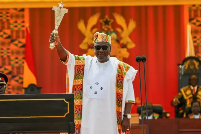 Ghana's new President John Mahama holds the state sword at his inauguration in the capital Accra - Tuesday 7 January 2025.