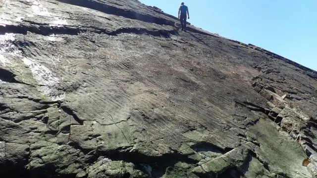 Man walking on a cliff with fossils