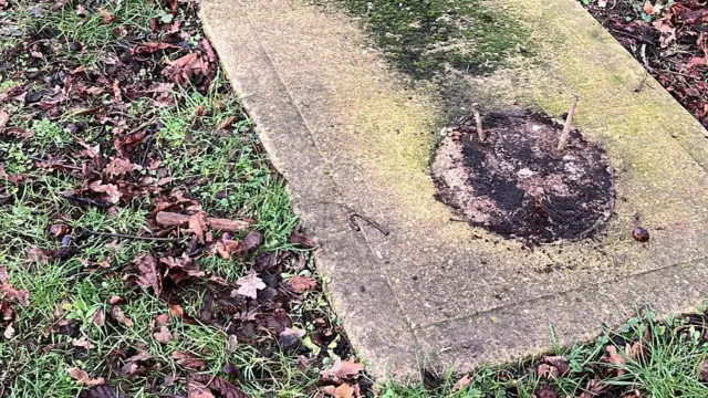 La base de hormigón del banco, con clavijas metálicas rotas que sobresalen del suelo.  