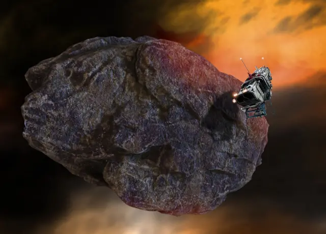 Imagem ilustrativa de uma espaçonave se aproximando de um asteroide para mineração