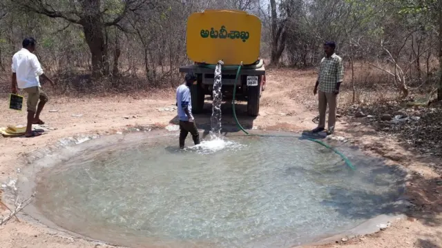 అడవిలో గుంటలో నీళ్లు పోస్తున్న వ్యక్తులు