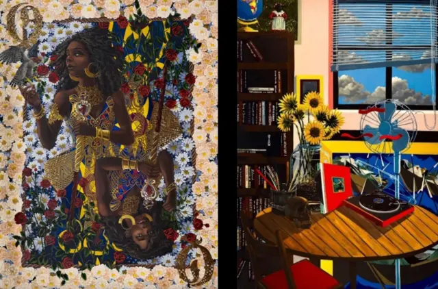 دو نقاشی جداگانه، یکی نقاشی از زنی با لباس‌های رنگارنگ که به نظر می‌رسد بازتابی از خودش هم در پایین نقاشی است. نقاشی دیگر، یک دستگاه گرامافون در کنار شیشه گل آفتابگردان و یک بادبزن، با پنجره‌ای در پس زمینه که از آن آسمان آبی و ابرها دیده می‌شود