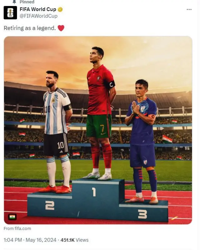 रोनाल्डो और मेसी के साथ सुनील छेत्री