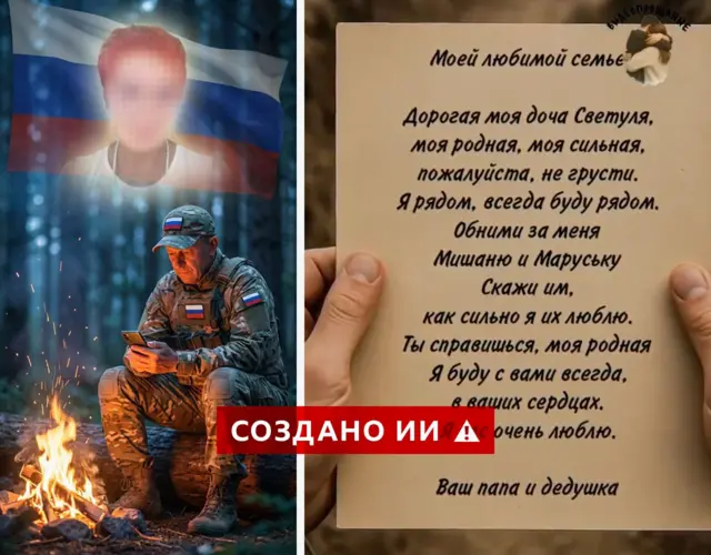 Коллаж из двух изображений. Слева: мужчина в военной форме и шевроне с российским флагом сидит у костра. Над ним изображено лицо женщины на фоне российского флага. Справа: сгенерированное с помощью ИИ прощальное письмо семье. 