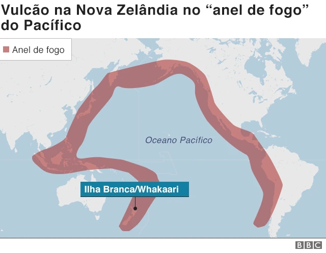 Mapa mostra localização do vulcão que entrouo que é o sportingbeterupção na Nova Zelândia