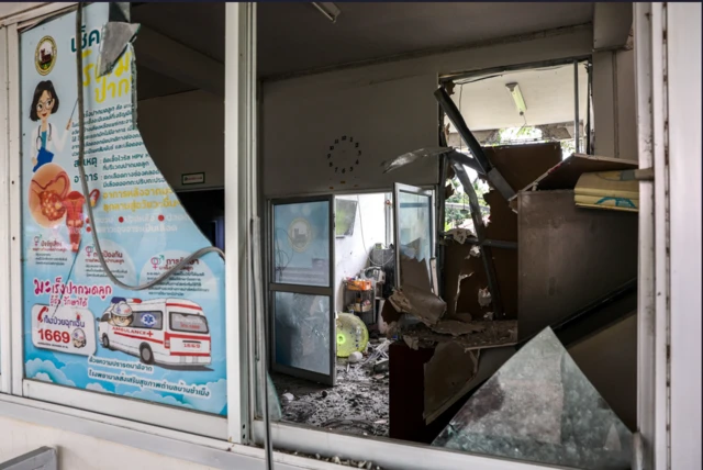 A view of broken windows at a damaged hospital, caused by Cambodia's shelling in Sisaket province, as Cambodia and Thailand each said the other had launched artillery attacks across contested border areas early on Sunday, hours after U.S. President Donald Trump said the leaders of both countries had agreed to work on a ceasefire, Thailand, July 27, 2025. REUTERS/Athit Perawongmetha