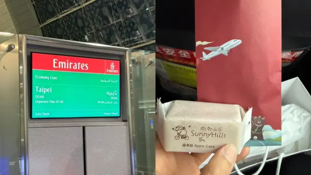 （左）蔓蔓一家四口順利搭乘第一班從杜拜返台航班；（右）在機場獲發派發的蘋果酥