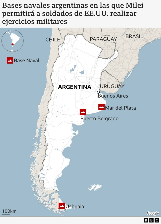  Mapa ubica las bases militares en Argentina. 