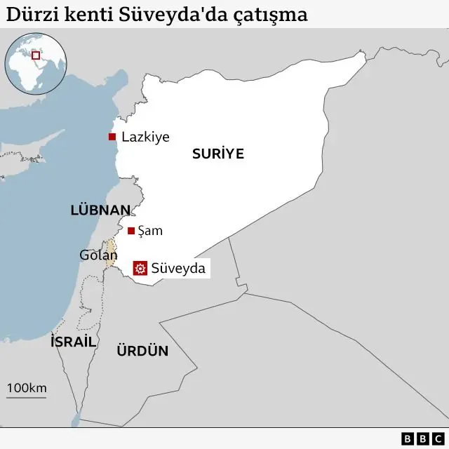 Süveyda vilayetinin yerini gösteren bir Suriye haritası. 