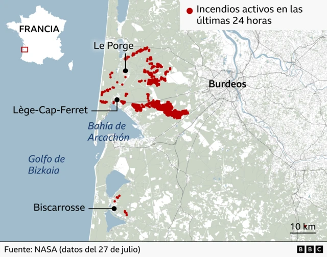 Mapa de los incendios activos en Francia. 