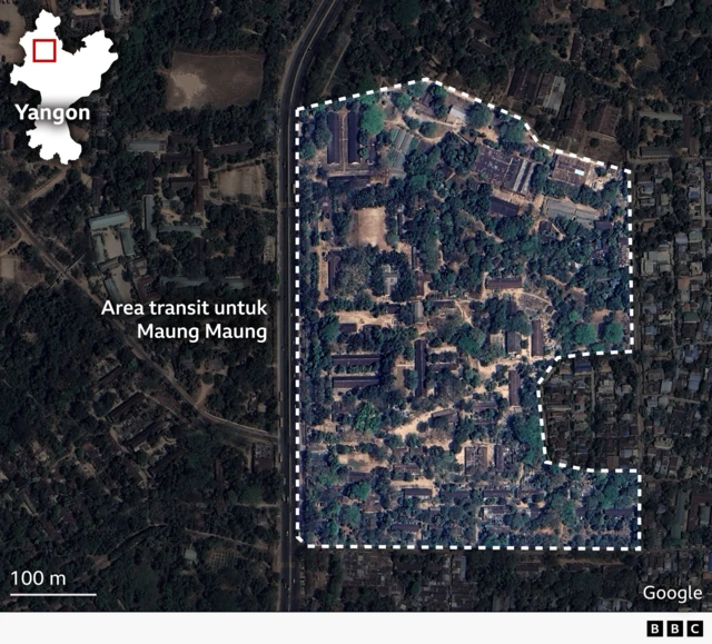 Citra satelit area penahanan Maung Maung di sebelah utara Yangon. 