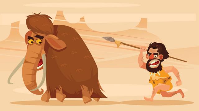 Um homem das cavernas perseguindo um mamute com uma lança