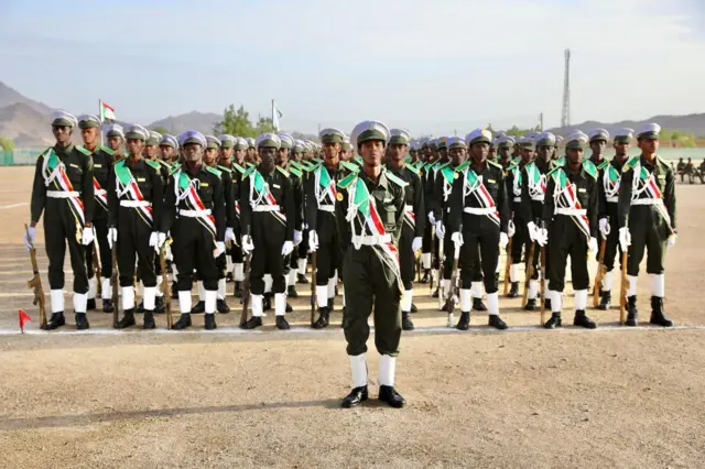 صورة لأفراد من الجيش السوداني يقفون في صفوف متساوية.