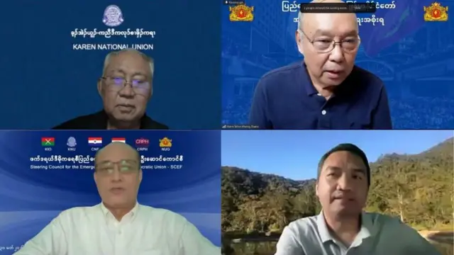 ဖက်ဒရယ်ဒီမိုကရေစီပြည်ထောင်စုပေါ်ထွန်းရေးဦးဆောင်ကောင်စီ(SCEF) နဲ့ CDM အစုအဖွဲ့များတွေ့ဆုံပွဲမှာတွေ့ရတဲ့ ဝန်ကြီးတွေနဲ့ EROs ခေါင်းဆောင်များ။ 