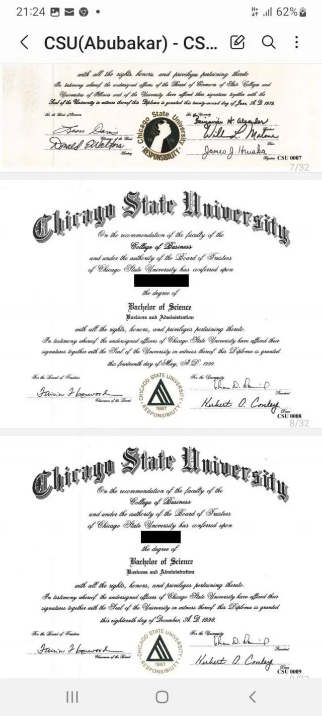 Aworan iwe ẹrí ti CSU fí ránṣẹ si Atiku