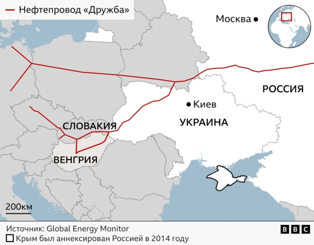 карта Восточной и Центральной Европы с маршрутами двух веток нефтепровода "Дружба"
