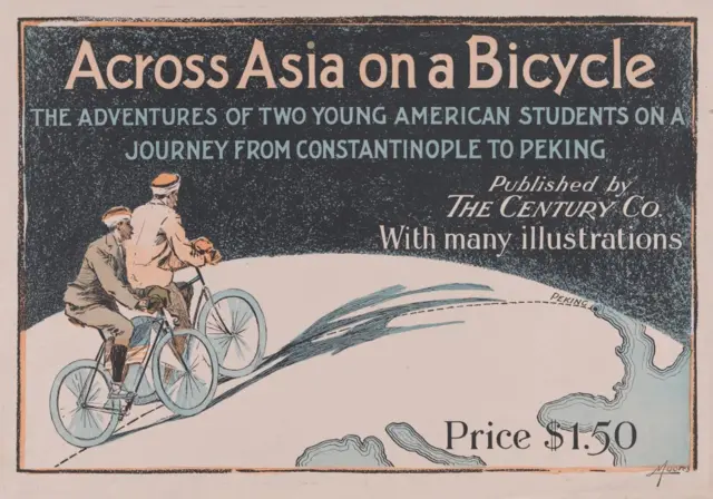 Thomas Gaskell Allen and William Lewis Sachtleben'in 1890'larda yaptığı bisiklet yolculuğunu anlatan kitaplarının reklamı