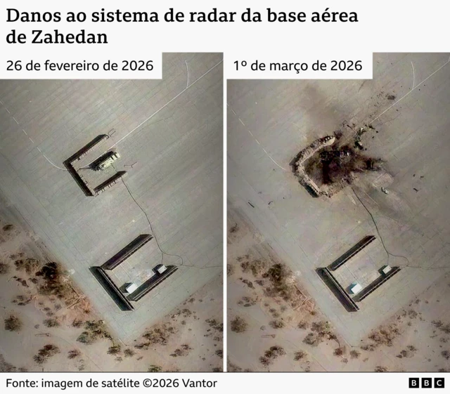 Imagem de satélite mostra, antes e depois, um sistema de radar destruído. A primeira imagem, de 26 de fevereiro de 2026, mostra o sistema intacto e a segunda, de 1º de março, mostra o equipamento destruído.