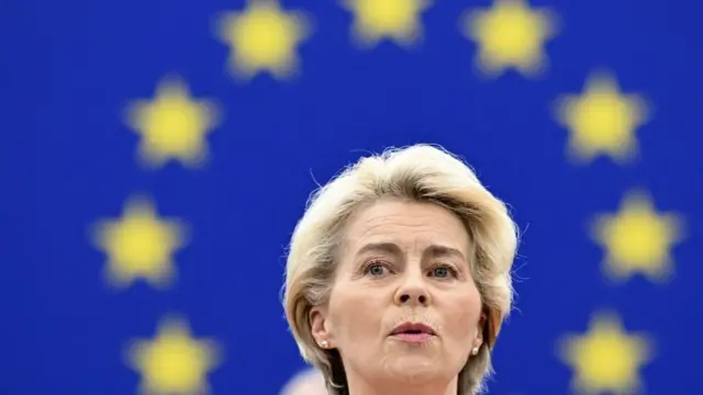 European Commission President Ursula von der Leyen speaks during a debate on the need for a coherent strategy for EU-China relations, as part of a plenary session at the European Parliament in Strasbourg, eastern France, on April 18, 2023.