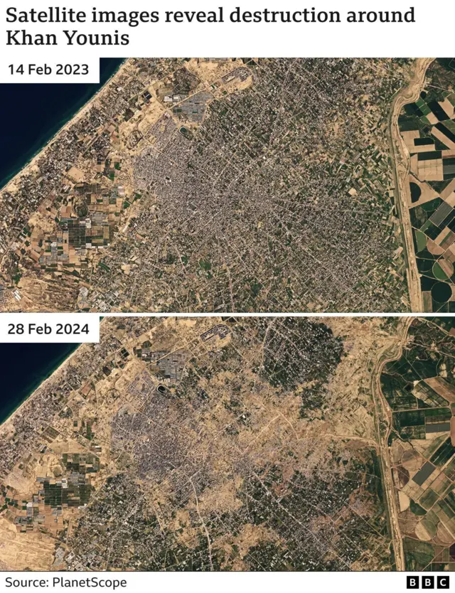 Before and after satellite images show the destruction around the Gazan city of Khan Younis