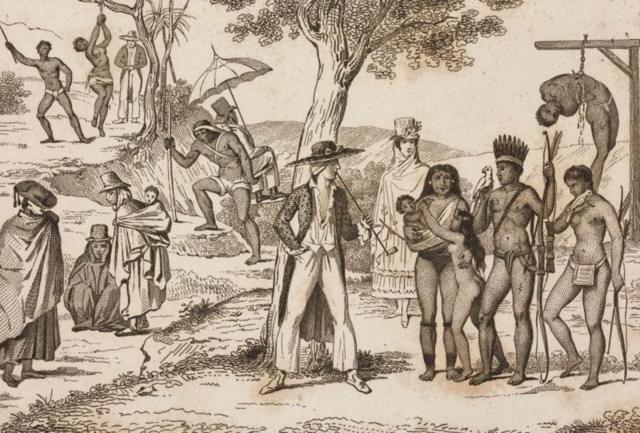 Indígenas e africanos escravizados submetidos a castigos corporais na Colômbia, em gravura de Ferdinand Denis (1837)