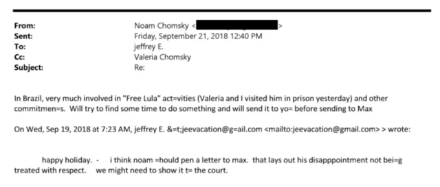 Email atribuído a Noam Chomsky e enviado a Jeffrey Epstein aparece em novos arquivos divulgados pelo governo dos EUA, com mensagem sobre Lula Livre