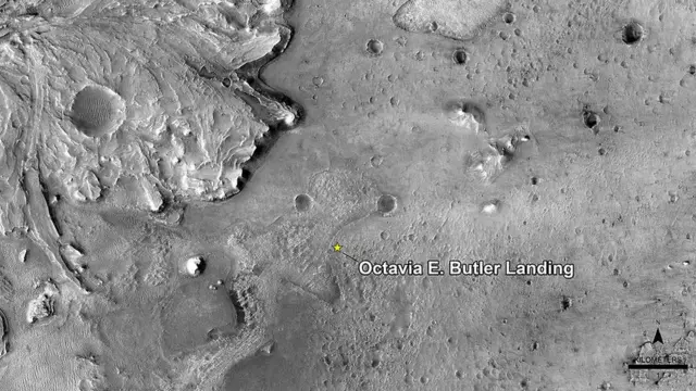 Foto de la NASA señalando el sitio de aterrizaje del módulo Perseverance en Marte nombrado en honor a Octavia E. Butler