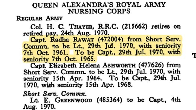 सन् १९७० सेप्टेम्बर १ तारिखमा प्रकाशित लन्डन गजेटमा छापिएको राधा रावतबारेको विवरण