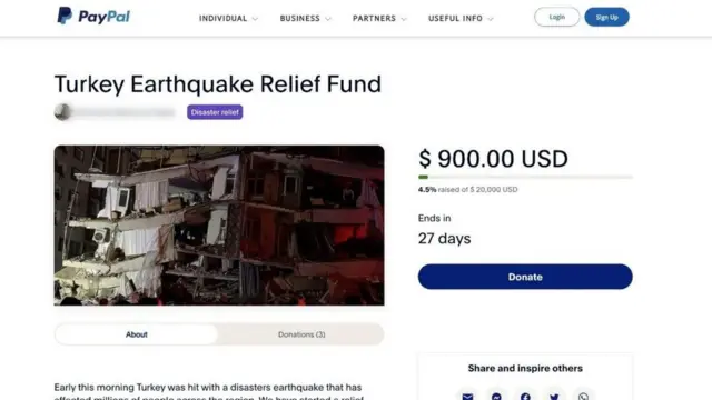 900달러가 모인 ‘터키 지진 재난 구호’ 기부 페이지