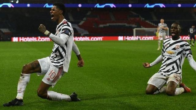 Marcus Rashford celebrates scoring Manchester United's late winner at Paris St-Germain