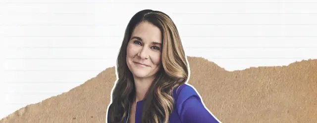 Photo de Melinda French Gates sur fond de papier déchiré.