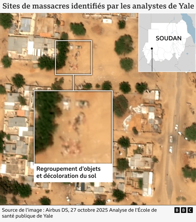 Une image satellite montrant des groupes d'objets et une décoloration du sol à El-Fasher.