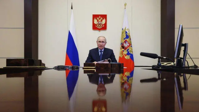 President Putin chairs a meeting via a video link at the Novo-Ogaryovo state residence outside Moscow in April
