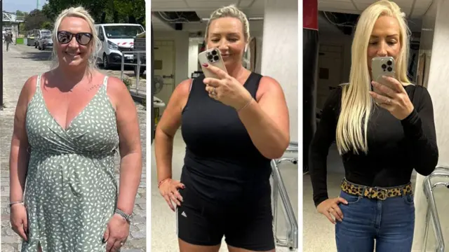 Três fotos lado a lado de Ellen em diferentes estágios de sua perda de peso. Na foto da extrema esquerda, ela está mais gorda, usando um vestido verde; na foto do meio, ela está na academia; e na última foto, ela está magra, usando calça jeans azul e blusa preta